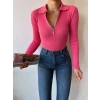 Fermuar Detay Polo Yaka Crop Bluz-FUŞYA