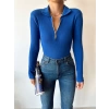Fermuar Detay Polo Yaka Crop Bluz-MAVİ