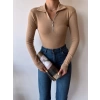 Fermuar Detay Polo Yaka Crop Bluz-VİZON
