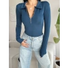 Fermuarlı Polo Yaka Bodysuit - İNDİGO