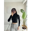 Fitilli Boğazlı Crop Bluz - SİYAH