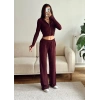 Fitilli Kapüşonlu Crop & Pantolon Takım - BORDO