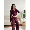 Fitilli Kapüşonlu Crop & Pantolon Takım - BORDO