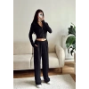 Fitilli Kapüşonlu Crop & Pantolon Takım - SİYAH