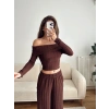 Fitilli Madonna Crop & Pantolon Takım - KAHVE