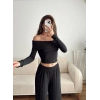 Fitilli Madonna Crop & Pantolon Takım - SİYAH