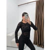 Floklu Dantel Bluz - SİYAH