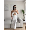 Göğüs Aksesuar Yırtmaçlı Elbise - BEYAZ