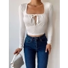 Göğüs Bağlamalı Crop Bluz-BEYAZ