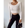 Göğüs Düğmeli Crop Bluz-BEYAZ