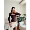 Göğüs Pencere Kruvaze Bluz - KAHVE
