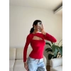 Göğüs Pencere Kruvaze Bluz - KIRMIZI