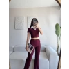 Gömlek Yaka Crop & Pantolon Takım - BORDO