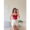 Güpürlü Bel Korse Bodysuit - KIRMIZI