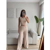 Halter Crop & Yırtmaçlı Pantolon Takım - BEJ
