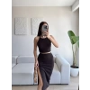 Halter Crop & Yırtmaçlı Takım - KAHVE