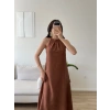Halter Yaka Keten Elbise - KAHVE