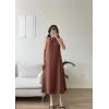 Halter Yaka Keten Elbise - KAHVE