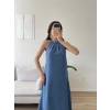 Halter Yaka Keten Elbise - MAVİ