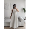 Halter Yaka Tiril Keten Elbise - BEJ