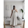 Halter Yaka Tiril Keten Elbise - BEJ