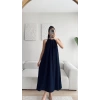 Halter Yaka Tiril Keten Elbise - LACİVERT