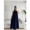 Halter Yaka Tiril Keten Elbise - LACİVERT