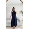 Halter Yaka Tiril Keten Elbise - LACİVERT