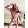 Kapüşonlu Crop & Şortlu Kadife Takım - PEMBE