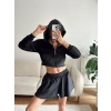 Kapüşonlu Crop & Şortlu Kadife Takım - SİYAH