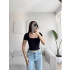 Kare Yaka Astarlı Kısa Crop - SİYAH