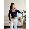 Kare Yaka Büzgü Detay Crop - LACİVERT