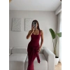 Kare Yaka Kuşaklı Elbise - BORDO