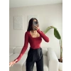 Kare Yaka Parmak Geçmeli Astarlı Bluz - BORDO