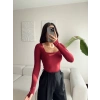 Kare Yaka Parmak Geçmeli Astarlı Bluz - BORDO