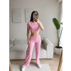 Kaşkorse Crop & Pantolon Takım - PUDRA