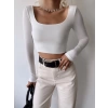 Kayık Yaka Crop Bluz-BEYAZ