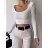 Kayık Yaka Crop Bluz-BEYAZ