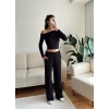 Kayık Yaka Crop & Pantolon Takım - SİYAH