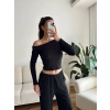 Kayık Yaka Crop & Pantolon Takım - SİYAH