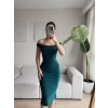 Yırtmaç Detay Kayık Yaka Elbise - YEŞİL