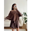 Kayık Yaka Pileli Elbise - KAHVE