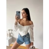 Kol Tül Fermuarlı Crop Bluz-BEYAZ