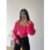 Kol Tül Fermuarlı Crop Bluz-FUŞYA