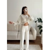 Körüklü Crop & Pantolon Takım - BEJ