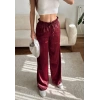 Kraşlı Bol Paça Pantolon - BORDO