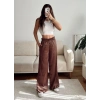 Kraşlı Bol Paça Pantolon - KAHVE