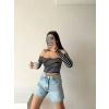 Madonna Yaka Çizgili Crop Bluz-SİYAH
