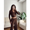 Modal Fermuar Crop & Pantolon Takım - KAHVE