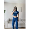 NY Crop & Pantolon Takım - SAKS MAVİSİ